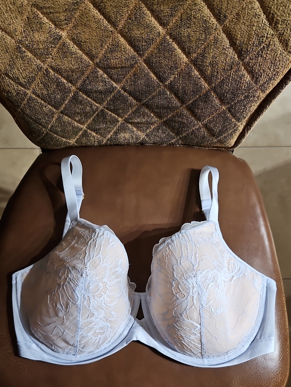 Soma Lightly Lined Perfect Coverage T-Shirt Underwire Blue Tan Floral Lace Bra